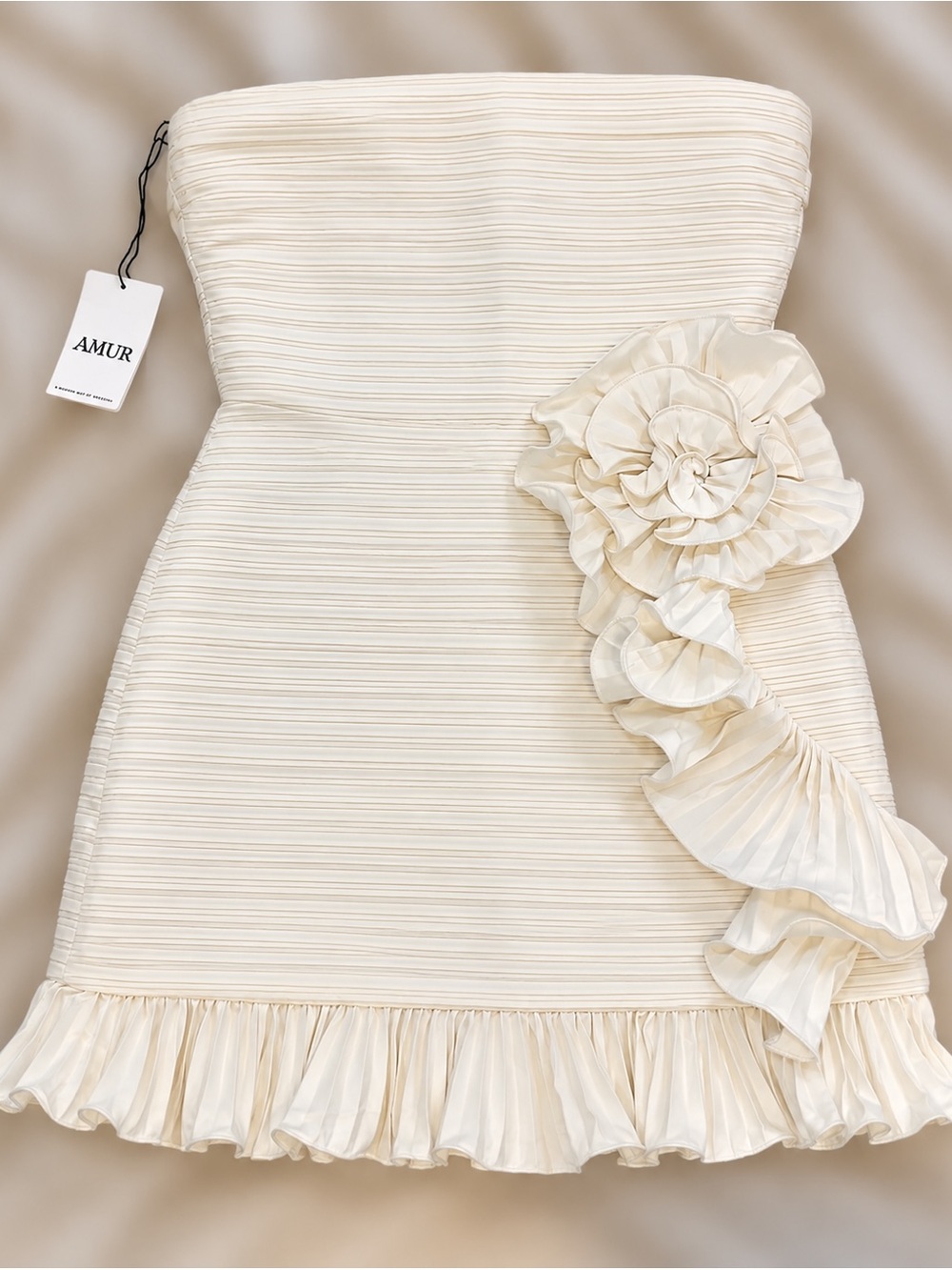 AMUR Ivory Strapless Ruffle Rosette Mini Dress Size 10 NWT